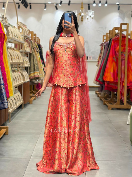 Taru-meet Orange Suit Set with Intricate Paisley Embellished Work