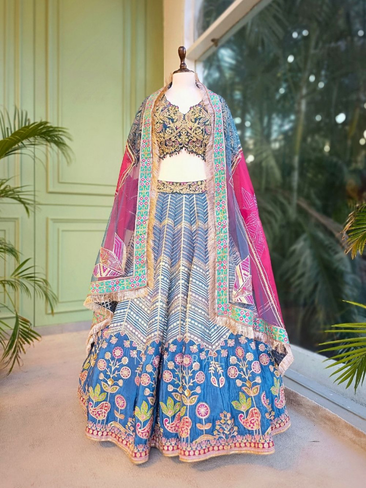 Image of Briona Blue Bridal Lehenga Set with Zari Sequin and Gota Work