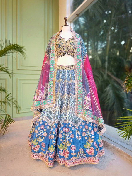 Briona Blue Bridal Lehenga Set with Zari Sequin and Gota Work
