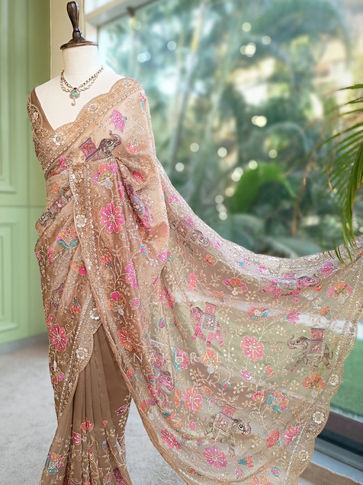 Image of Noor-e-Afsanah Brown Organza Saree with Royal Elephant Motifs