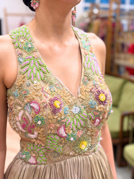 Liquid Gold Micro-Pleated Maxi Gown with Pop-Cultural Hand Embroidery