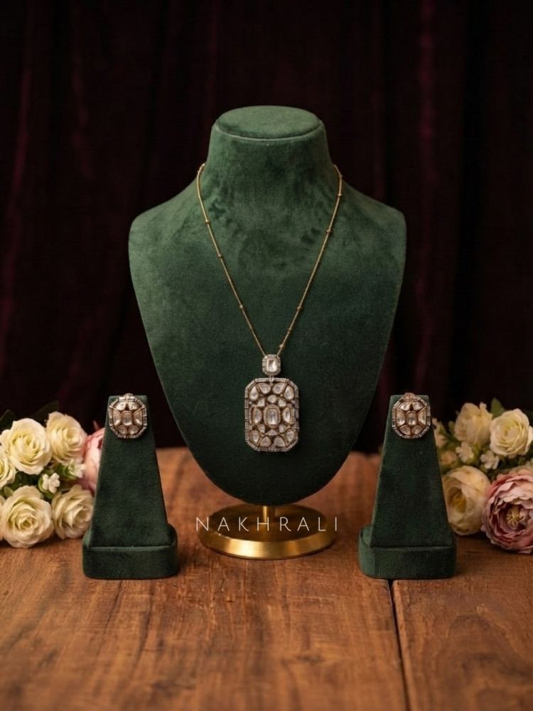 Image of Suvritha White Long Necklace Set With Stone-Studded Pendant Detail