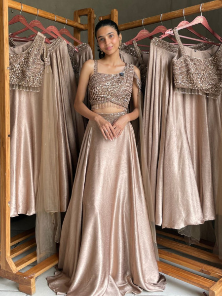 Aurelia Rose-Gold Liquid Silk Fusion Lehenga Set