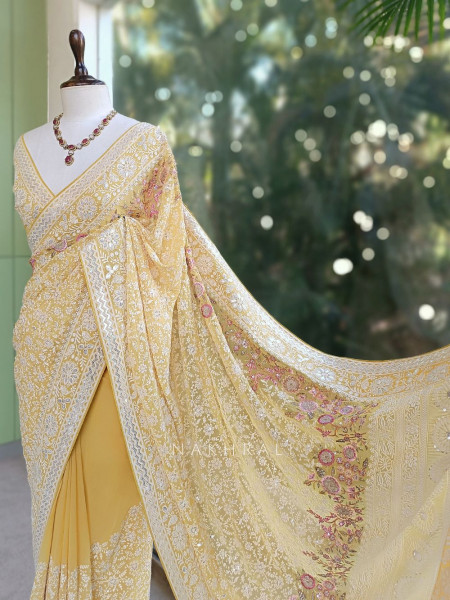 Ecru Yellow Embroidered Elegance Saree with Sequin Detailing
