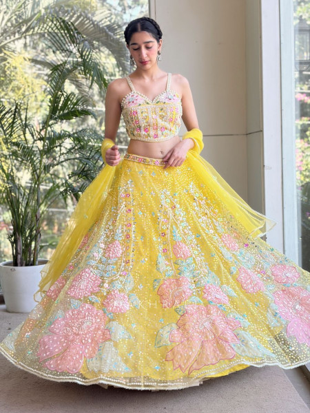Evara Yellow Sequin & Bead Embellished Lehenga Set