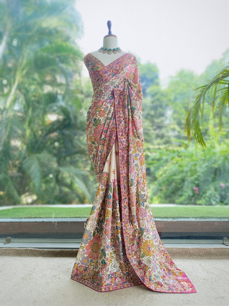 Kaleido Flora  Cream Silk Georgette Saree