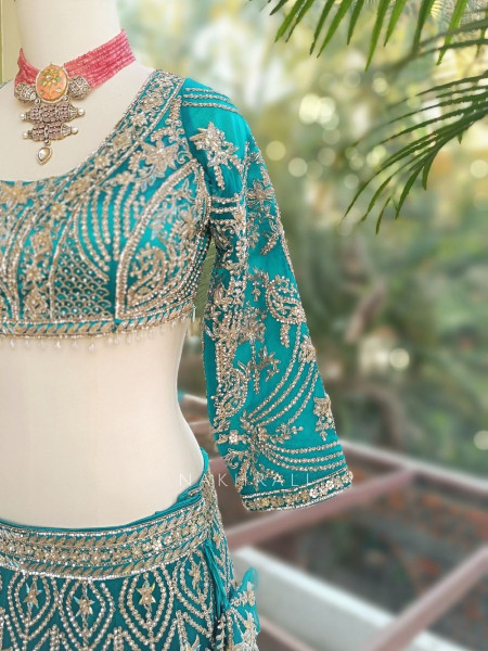 Gulnaar Firozi Lehenga Set with Mirror, Beads and Heavy Embroidery