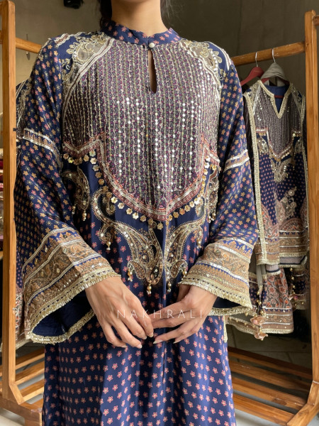 Nirvani Navy Blue Modal Silk Long Suit Set With Sheesha, Sequin & Gota Work