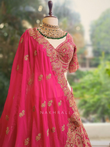 Rajmohini Magenta Bridal Lehenga with Zari and Stone Work