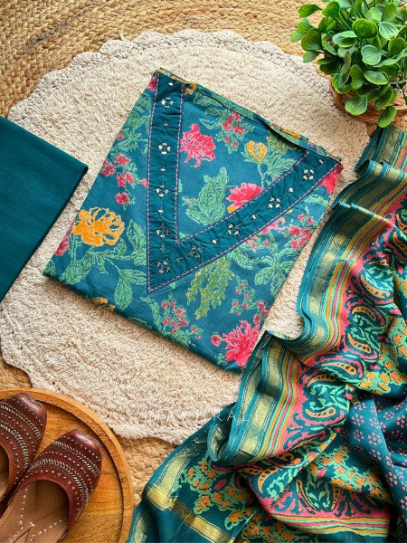 Gulmohar Blue Cotton Dress Material with Mirror Work