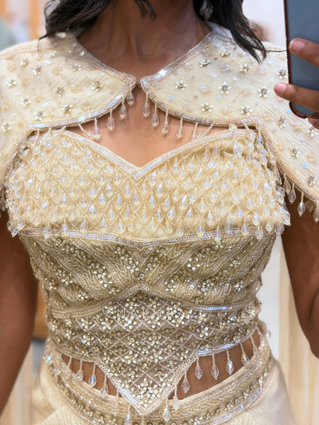 Aurum Shimmer Cream Corset Crop Top Skirt Set with Liquid Cape