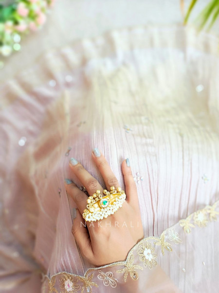 Rajshree Green Stone Statement Ring with Pearls & Ghungroo