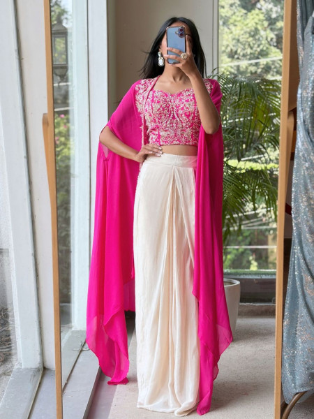 Aria Tulip Magenta Georgette Crop Top Dhoti Skirt Set with Cape Jacket