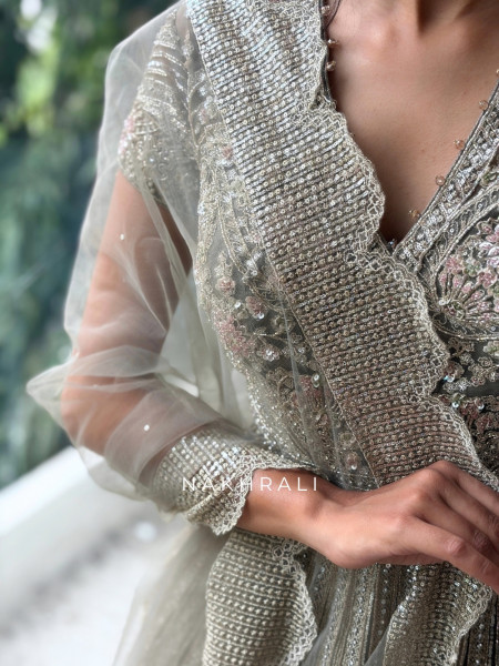 The Silver Willow Grey Tulle, Banarasi Brocade & Net Peplum Palazzo Set