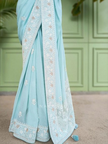 Vanya Bloom Sea Green Chikankari  Saree With Running Blouse Piece Chikankari
