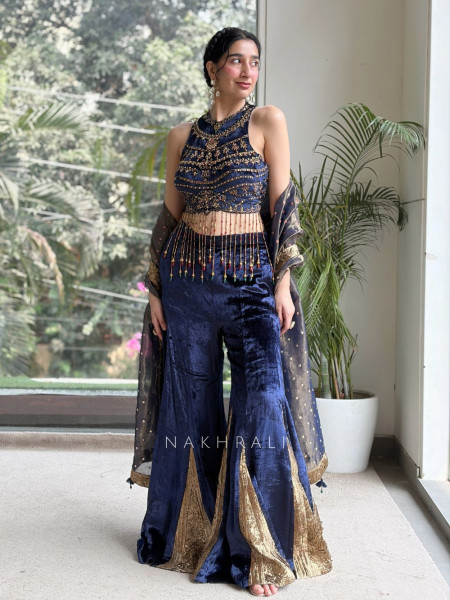 Nazneen Blue Velvet Indo-Western Crop Top Palazzo