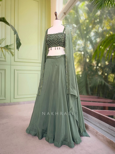Sage Green Indo Western Lehenga with Pearl Embellished Blouse