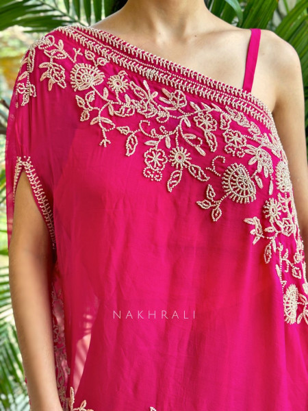 Azure Bloom Cape Magenta Top Sharara Set with Cut dana Work