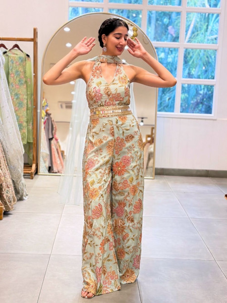 Kiara Pista Green Jumpsuit with Floral Zari Work