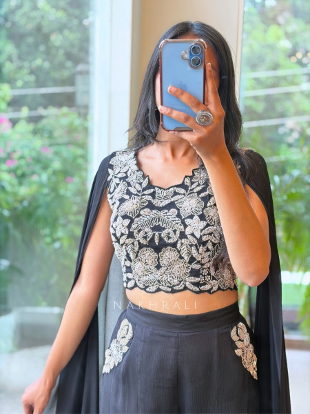 Rashaara Black Georgette/Fine Crepe – Indo-Western Crop Top Palazzo Set