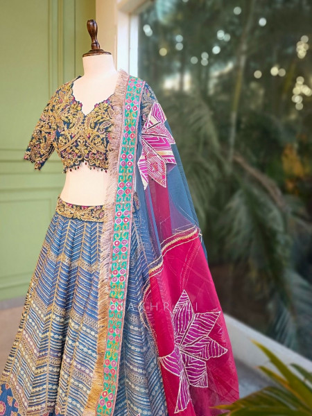 Briona Blue Bridal Lehenga Set with Zari Sequin and Gota Work