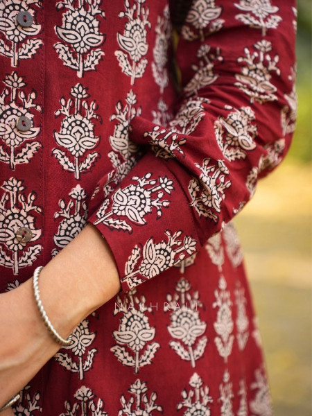 Rihana Maroon Cotton Block Printed Button-Down Dress