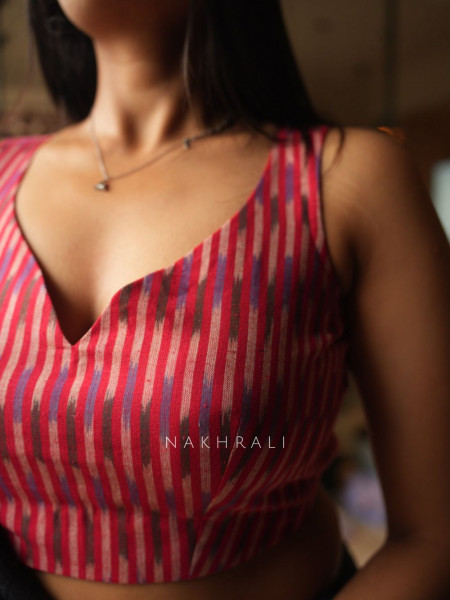 Assorted Magenta Ikat Woven Sleeveless Blouse with Tie-Up Back Detail