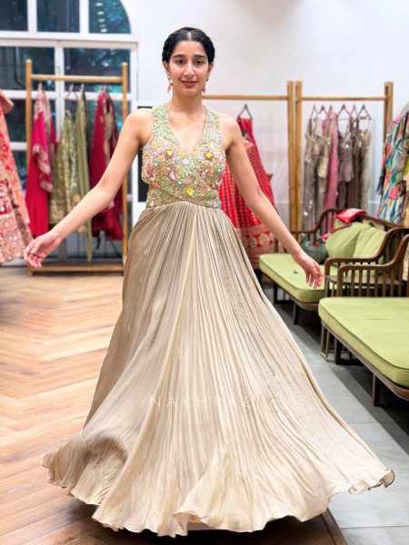 Liquid Gold Micro-Pleated Maxi Gown with Pop-Cultural Hand Embroidery