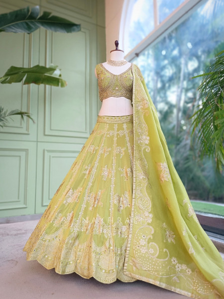 Pank Parrot Green Banarasi Silk Lehenga Set With Sequin Floral & Paisley Work