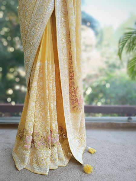 Ecru Yellow Embroidered Elegance Saree with Sequin Detailing