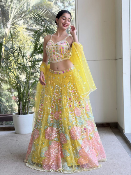 Evara Yellow Sequin & Bead Embellished Lehenga Set