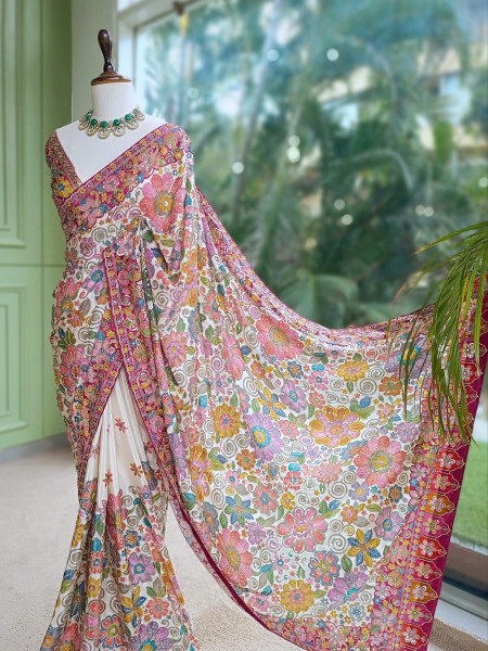 Kaleido Flora  Cream Silk Georgette Saree