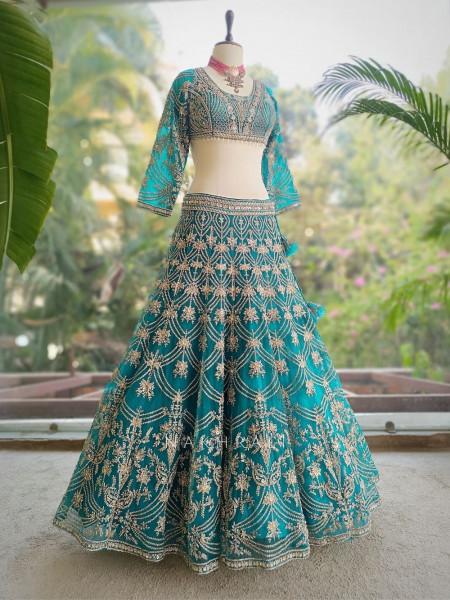 Gulnaar Firozi Lehenga Set with Mirror, Beads and Heavy Embroidery