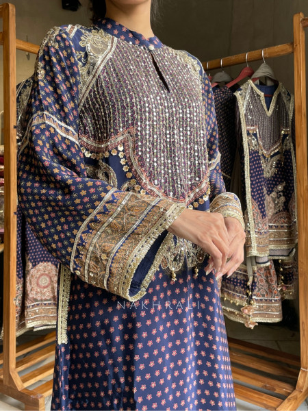 Nirvani Navy Blue Modal Silk Long Suit Set With Sheesha, Sequin & Gota Work