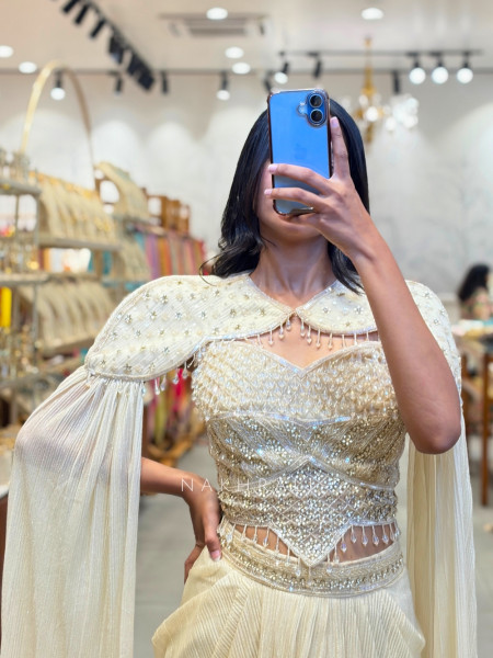 Aurum Shimmer Cream Corset Crop Top Skirt Set with Liquid Cape