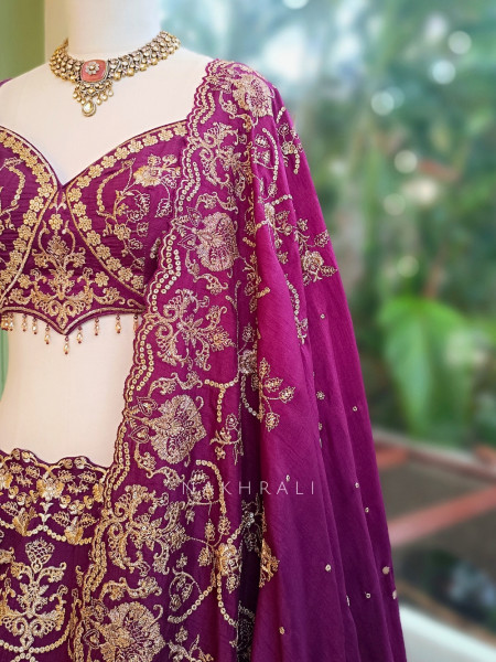 Gulzari Wine Raw Silk Lehenga Set