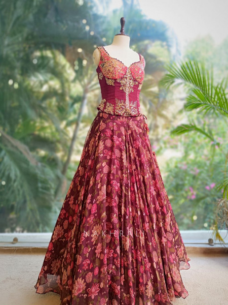 Crimson Bloom Georgette Corset Lehenga with Sequin Embroidery
