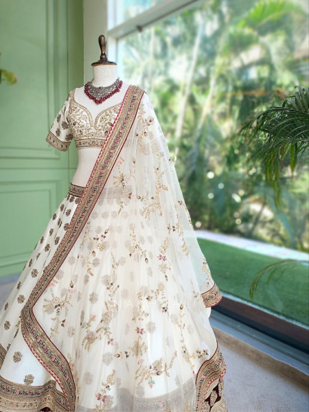 Veda Cream Raw Silk Bridal Lehenga
