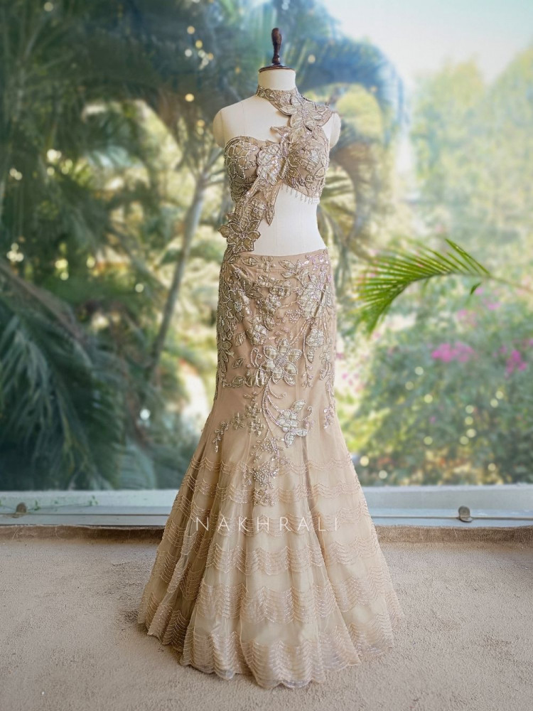 Image of Aurevia Beige Indo-Western Mermaid Lehenga with Sequin and Pearl Work