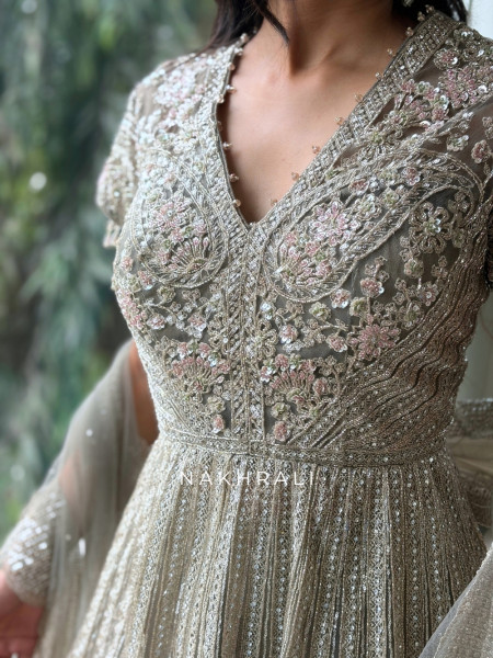 The Silver Willow Grey Tulle, Banarasi Brocade & Net Peplum Palazzo Set