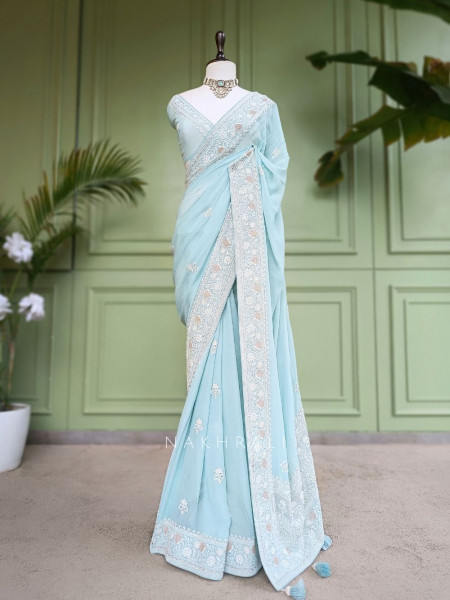 Vanya Bloom Sea Green Chikankari  Saree With Running Blouse Piece Chikankari