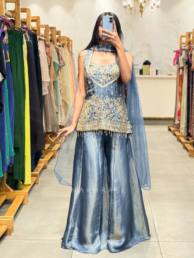 Image of Laylara Blue Indo Western Palazzo Set with Sequin Work