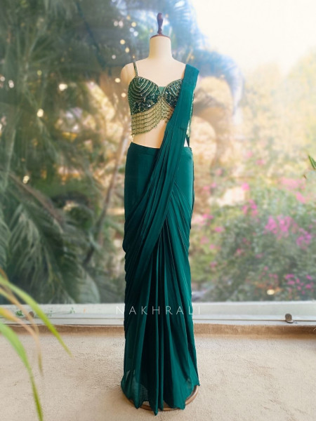 Zarreen Emerald Drape Saree Set with Handworked Blouse