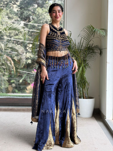 Nazneen Blue Velvet Indo-Western Crop Top Palazzo