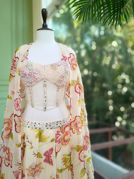 Floral Cream Corset Lehenga with Sequin and Mirror Work