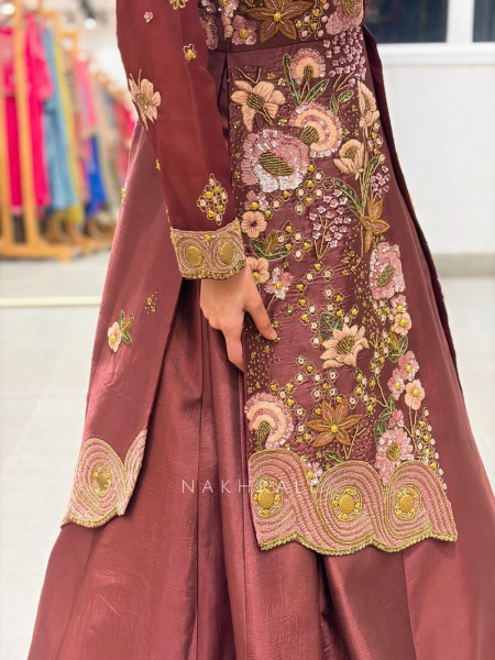 Sorrel Maroon Indo Western Lehenga Jacket Set
