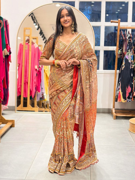 Kalaki Red Printed Saree with Sequin Embroidery Work