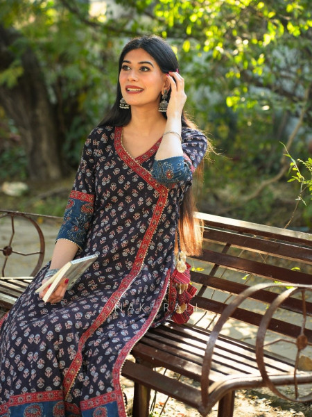 Umrao Black Angrakha Cotton Kurta