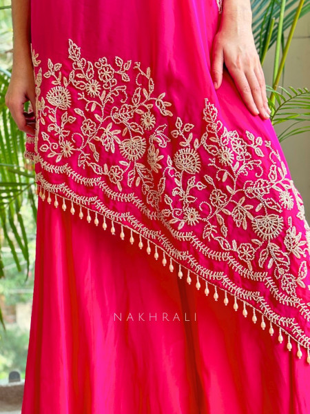 Azure Bloom Cape Magenta Top Sharara Set with Cut dana Work