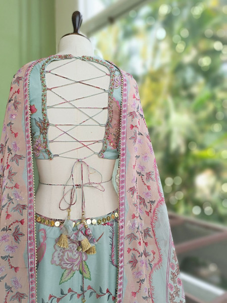 Pushpanchal Sky Blue Lehenga Set with Floral Print and Sequin Work